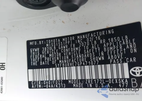 2016 Toyota Corolla S Plus z USA, uszkodzony, nr VIN 5YFBURHE7GP471077